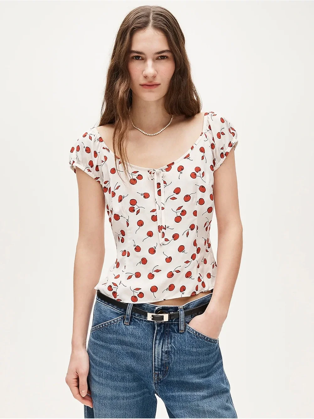 J. Crew White Top with Red Cherry Print and Tie Front
